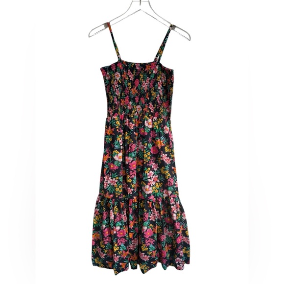 J Crew Floral Smocked Tiered Sleeveless A-Line Midi Dress Boho Navy Pink Size S - Picture 4 of 15